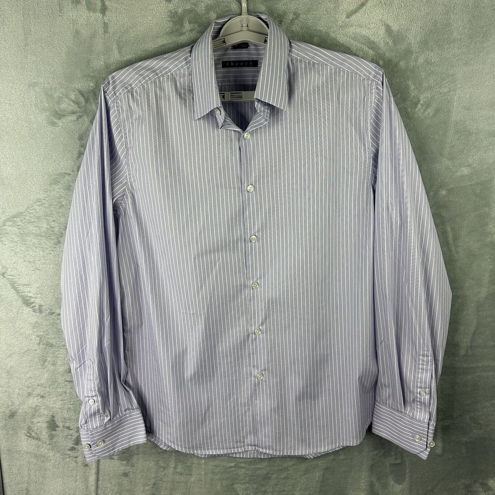 theory shirt mens large purple‎ striped button down long sleeve